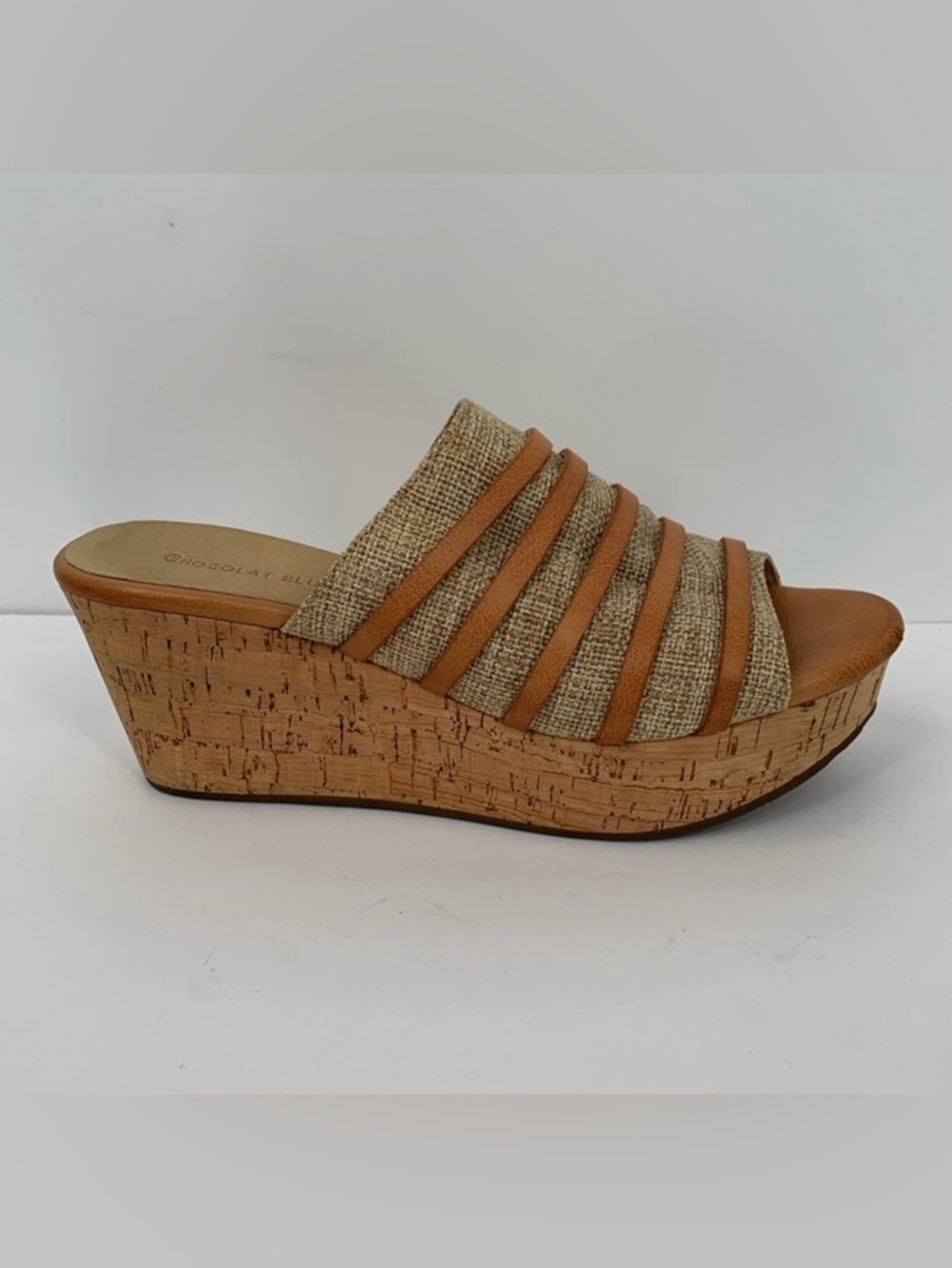 Chocolat Blu Wapi slide wedge platform sandals cork tan shoe clog brown strap 7